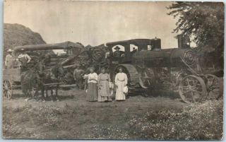 Vintage 1910s Farming Rppc Real Photo Postcard Steam Tractor W/ Crew & Wives