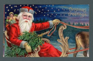 Vintage C 1910 Embossed Christmas Postcard Of Gold Trimmed Santa In A Sleigh