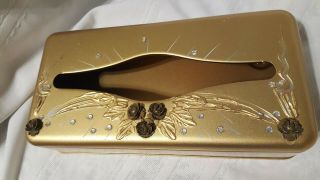 Vintage Metal Gold Tissue Box Holder Mid Century Flowers & Sparkles Kleenex