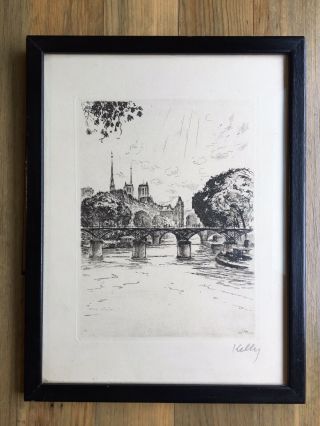 Vintage Pen & Ink Drawing Sketch River Seine Notre Dame Paris France Signed 1926