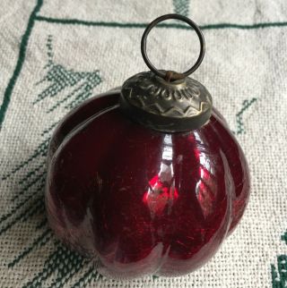 Vtg Christmas Ornament Kugel Style Cranberry Ribbed Glass Brass Festoon Cap