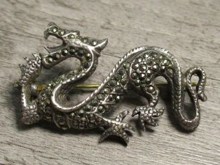 Vintage Sterling Silver Jewelry Marcasite Chinese Style Dragon Pin Brooch