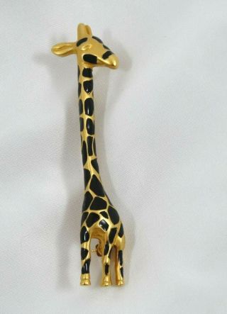 Vintage Giraffe Brooch Pin Signed Carolee Gold Toned Black Enamel