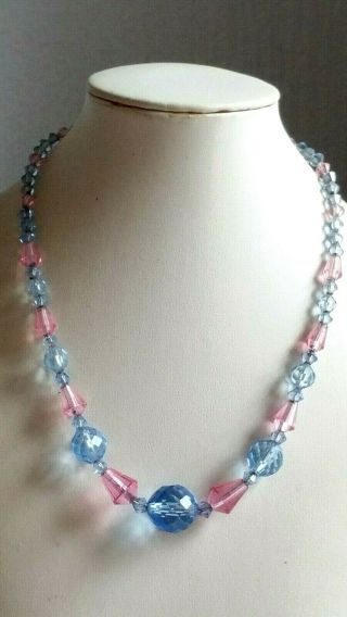 Czech Vintage Art Deco Blue And Pink Faceted Glass Bead Necklace