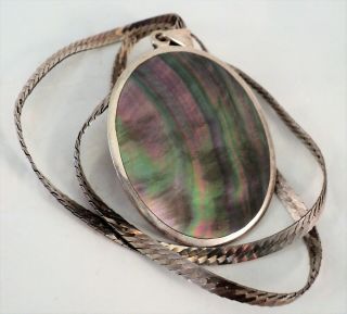 Vtg Large Abalone Sea Shell Pendant In Sterling Silver On Sterling Chain - Estate