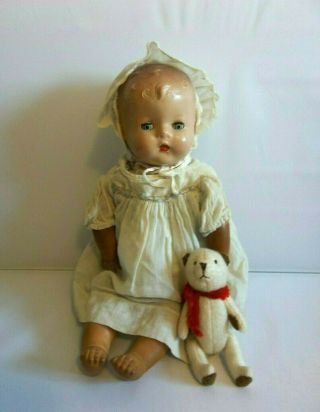 Vintage Composition Magic Skin Soft Body Crier 15 " Baby Doll In White Dress Hat