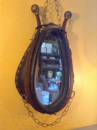 Vintage Wood Brass Hardware Horse Collar Wall Hanging Mirror Glass Mirror