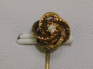 Antique Victorian 10k Gold Lovers Knot W/mine Cut Diamond Stick Pin