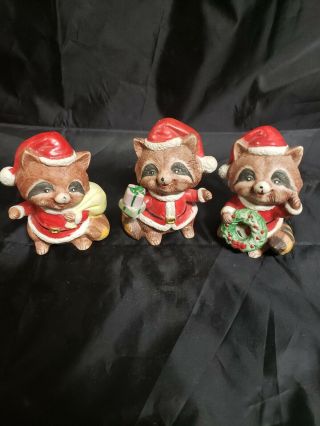 Homco Vintage Porcelain Christmas Raccoons Set Of Three (3) 5611