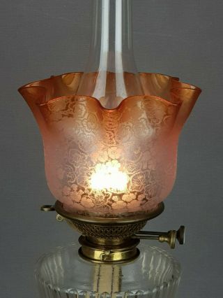 Victorian Orange Crystal Etched Glass Kerosene Paraffin Duplex Oil Lamp Shade