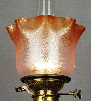 Victorian Orange Crystal Etched Glass Kerosene Paraffin Duplex Oil Lamp Shade 2