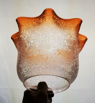 Victorian Orange Crystal Etched Glass Kerosene Paraffin Duplex Oil Lamp Shade 3