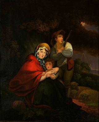 UNIQUE Early 19th Century Oil Painting | Family in a Thunderstorm Nightscape 3