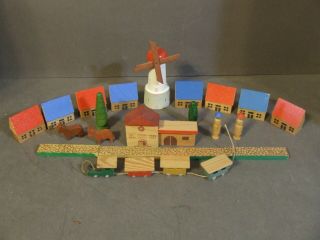 Vintage 20 Piece German Democratic Republic Wooden Toy Town With Windmill Train
