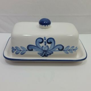 Home Vintage Ceramic Blue Covered Butter Dish Heavy Floral Design 3.  5 Inches