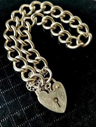 Vintage 1978 Solid Sterling Silver Chain Engraved Heart Padlock Bracelet