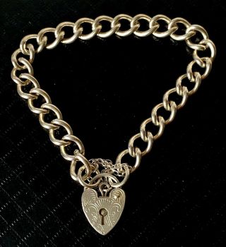 Vintage 1978 Solid Sterling Silver Chain Engraved HEART Padlock Bracelet 2
