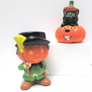 2 Vintage Halloween Ceramics Black Cat In Pumpkin And Jack O Lantern Scarecrow