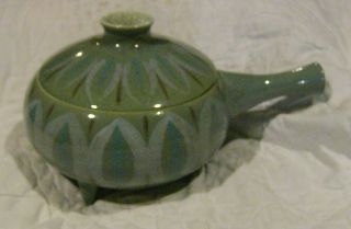 Vintage Mid Century Pottery Ceramic Fondue Pot,  Retro Turquoise/green Brown