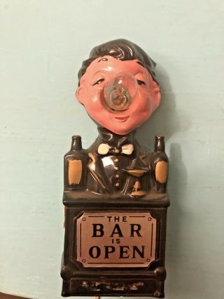 Vintage Redware " The Bar Is Open " Light Up Nose Bartender Man Sign Lamp Liquor