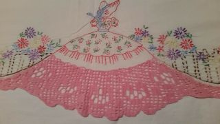 Vintage White Cotton Sheet Embroidered & Crocheted Southern Belle Detail