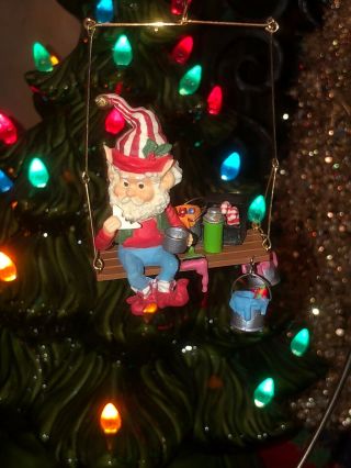 Vtg Enesco Christmas Tree Elves Elf Ornament Wee Tree Trimmers Popper Paints