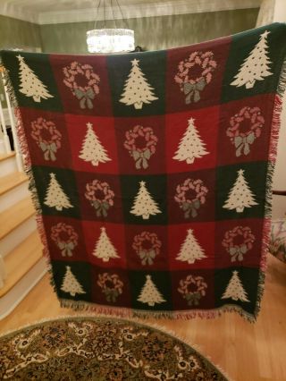 Woven Christmas Vintage Fringed Tapestry Throw Blanket Cotton 60 " X 55 "