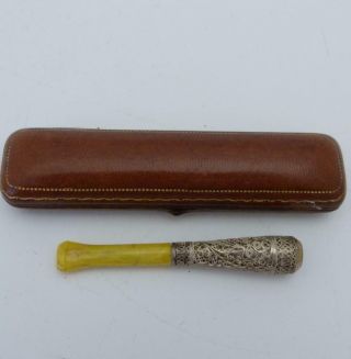 19th Century Filigree Silver And Butterscotch Amber Cigarette Holder In Case