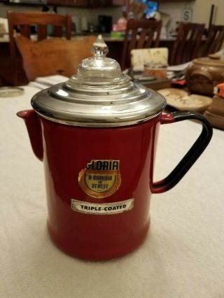 Vintage Red W/black Enamel Coffee Percolator Pot " Gloria " Factory Labels
