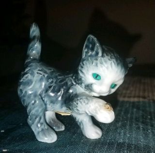 Adorable Vintage Goebel W.  Germany Cat Kitten Figurine Gray/black Green Eyes