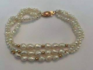 Wonderful Vintage 14k Gold & Fresh Water Pearl Triple Strand Bracelet 10 Grams