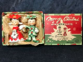 Vintage Napco Merry Christmas Sweet Hearts Tree Ornament & Bell Set In Straw Box