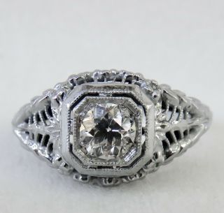 Antique Art Deco 18k White Gold.  38 Ct.  Old European Cut Diamond Engagement Ring