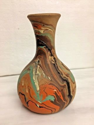 Vintage Nemadji Art Pottery 6 " X 4 1/2 " Vase Marbled Tan Coral Green