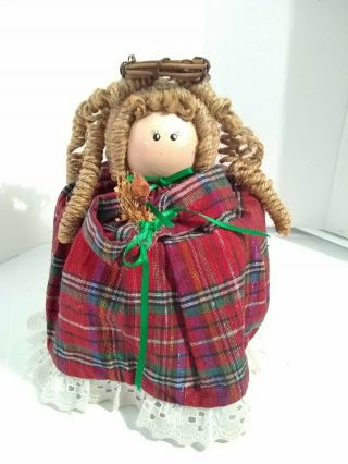 Handmade Fabric Angel Toilet Paper Roll Cover - Vintage 1980s Red Plaid Christmas