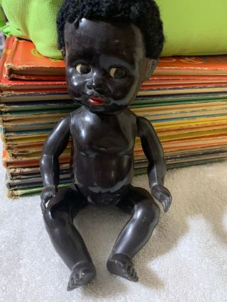 Vintage 10 " Hard Plastic 1940s? Black Baby Girl Doll Made In England (d)