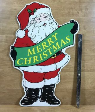 Vtg Plastic Yard Art Santa Claus Merry Christmas 28” With Stake