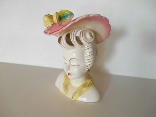 Vintage 6 1/4 " Lady Head Vase Large Hat Yellow Rose Reticulated Hair - Glamour