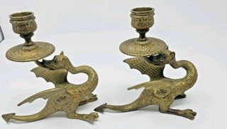 Vtg Brass Candlestick Holders Pair Phoenix Bird Sculpture Dragon Statue Antique