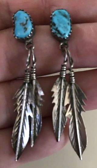 Very Pretty Vintage Native American Sterling Silver & Turquoise Feather Earrings