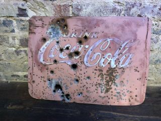 Vintage Coca Cola Coke Sign Rusty Bullet Hole 21 1/2”x15” Man Cave Barn