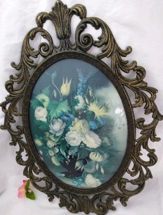 Ornate Metal Picture Frame Convex Glass Floral Flower Vintage 13x10 Inches