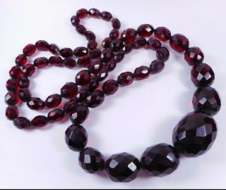 Vtg Antique Translucent Faceted Cherry Amber Bakelite Bead Necklace 30 " 46.  6g