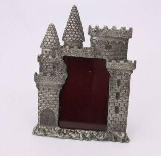 Vtg Metal Castle Themed Standing Picture Frame Pewter Look Cast Metal Small