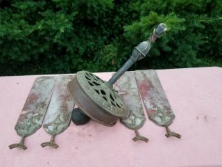 Barn Find Antique Brass Ornate Cast Iron Electric Ceiling Fan Wood Blade Emerson