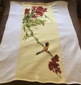 Vintage Handmade Crochet Afghan Throw Cross Stitch Oriole Bird Red Buckeye Tree