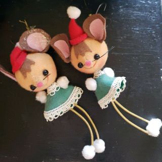 Vintage 2 Felt & Foam Pompom 6 " Mouse Mice Santa Hats Christmas Ornaments Japan