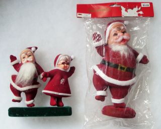 2 Vintage Flocked Dancing Santa & Mrs.  Claus & 9 " Santa (nip) Christmas Figures