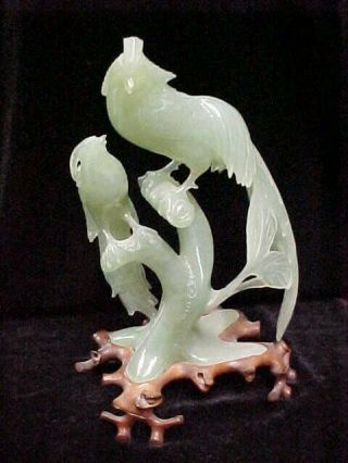9 " Vintage Chinese Asian Green Jade Hardstone Dbl.  Pheasant Bird Carved Figurine