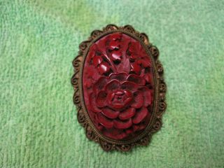 Antique Vintage Chinese Cinnabar Brooch Pin Clip Floral
